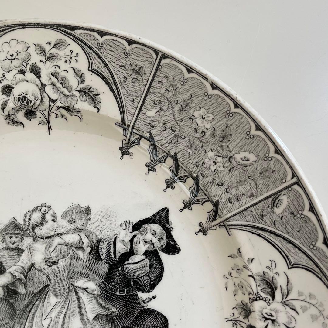 [希少]フランス アンティーク クレイユモントロー グリザイユ平皿Fanchon