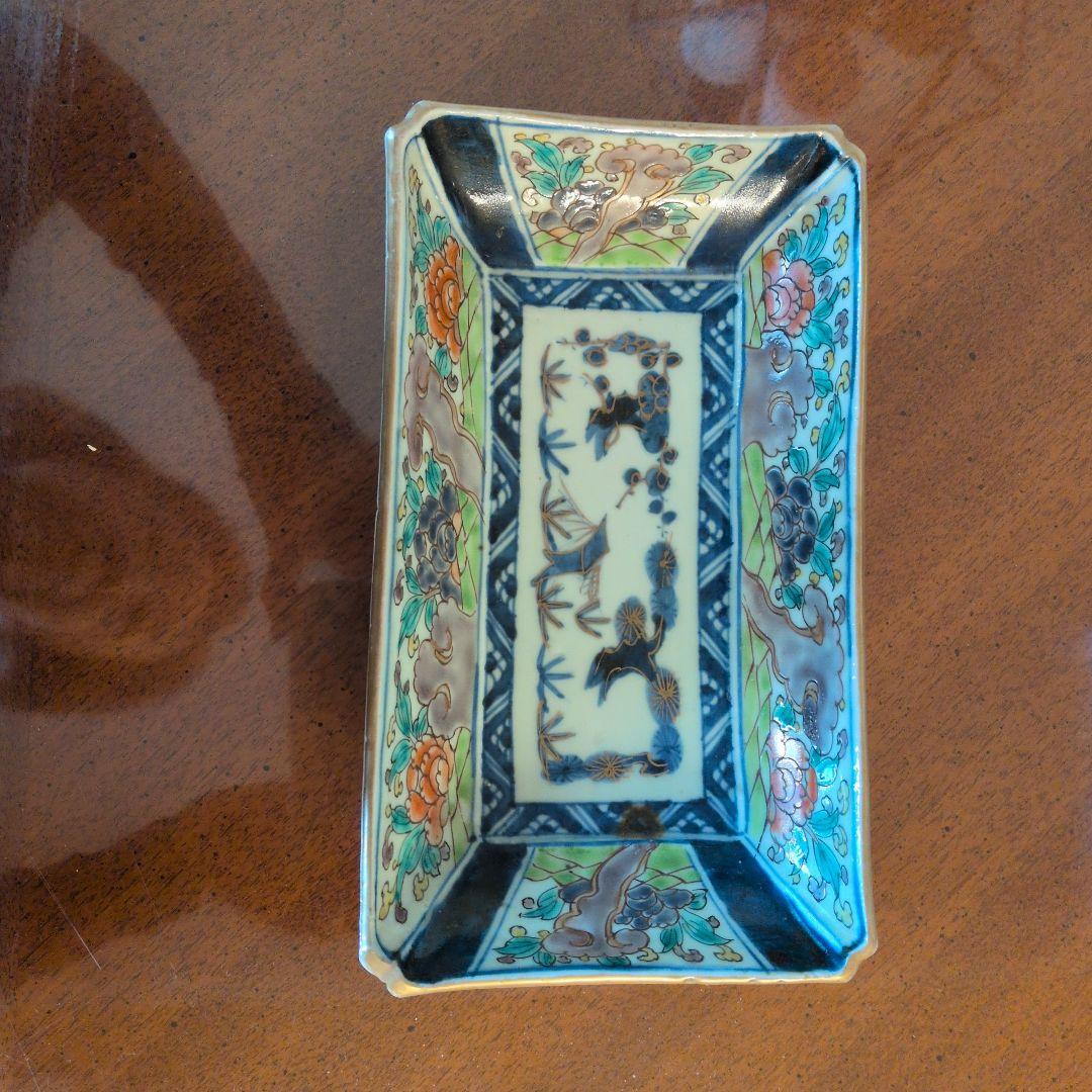 アンティーク 九谷焼長皿 多色花鳥模様の陶器皿