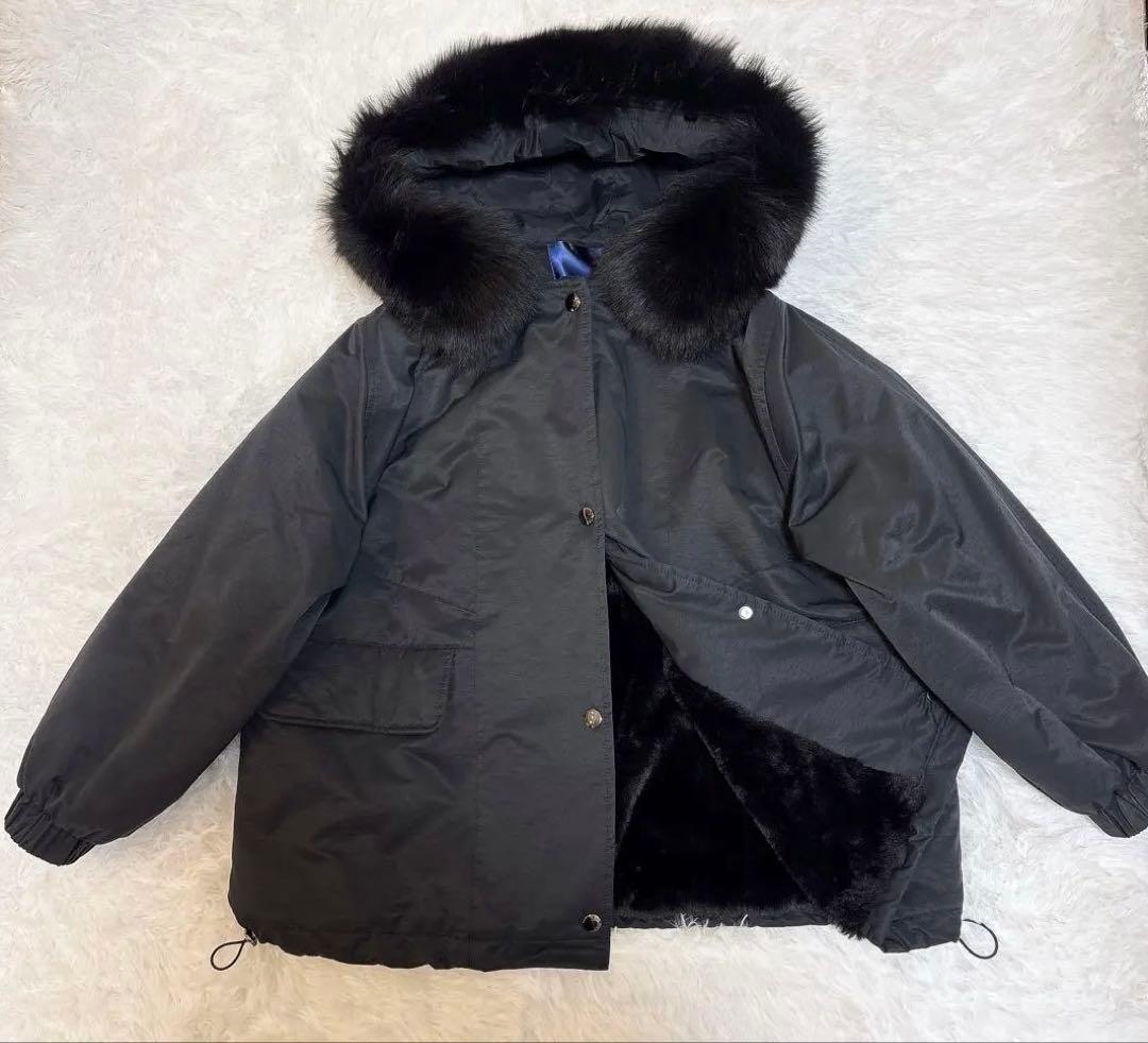 ポリーヌブロー ラクーンファー　裏ボア モッズコート ブラック