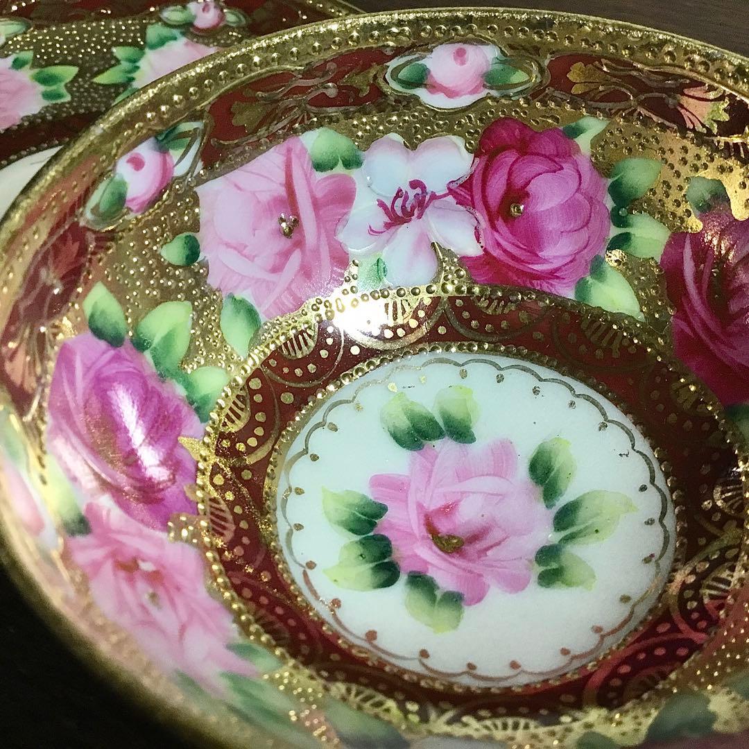 オールド名陶◆ティーカップ ソーサー◆傷あり 金継ぎ用 金彩 薔薇 バラ 戦前
