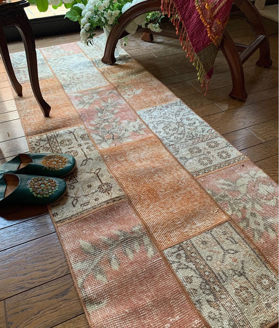ササ　ペールオレンジ　ランナー　174×65 トルコヴィンテージラグ