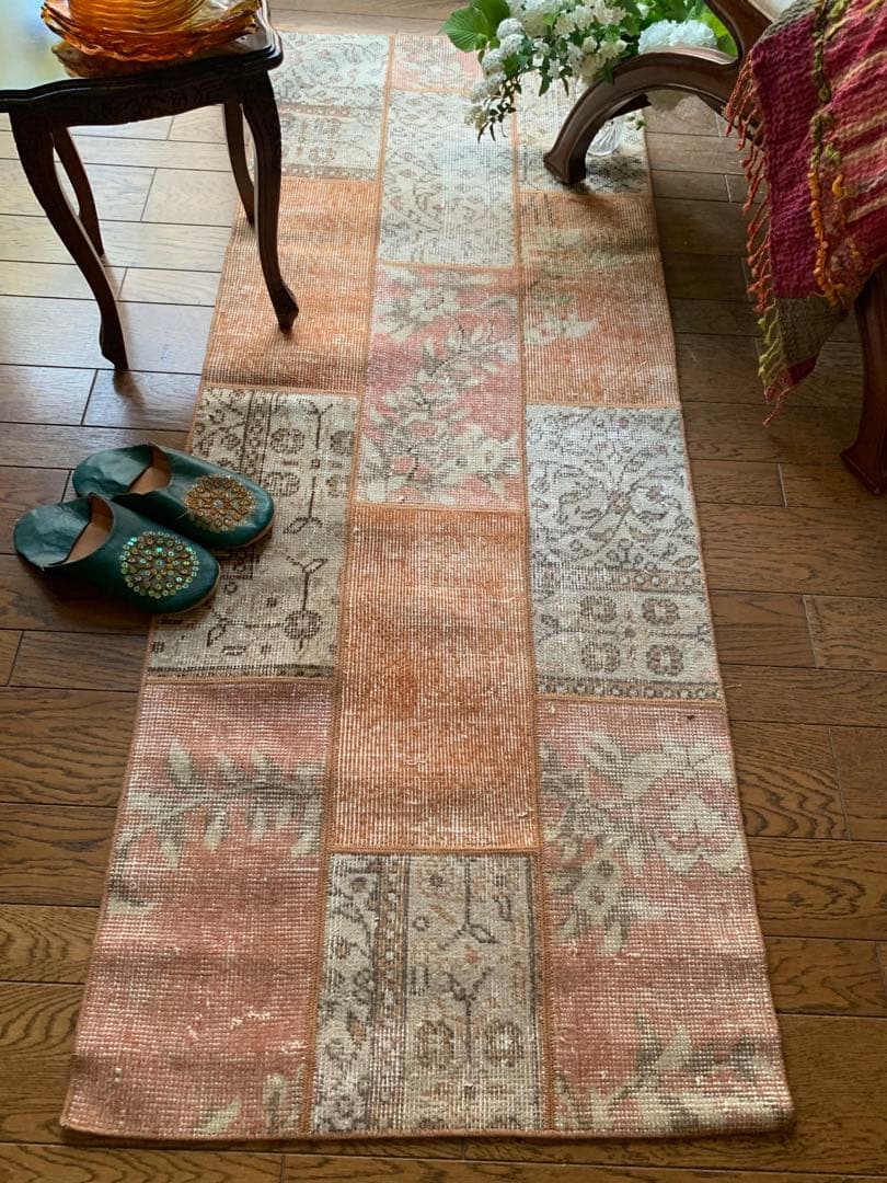 ササ　ペールオレンジ　ランナー　174×65 トルコヴィンテージラグ