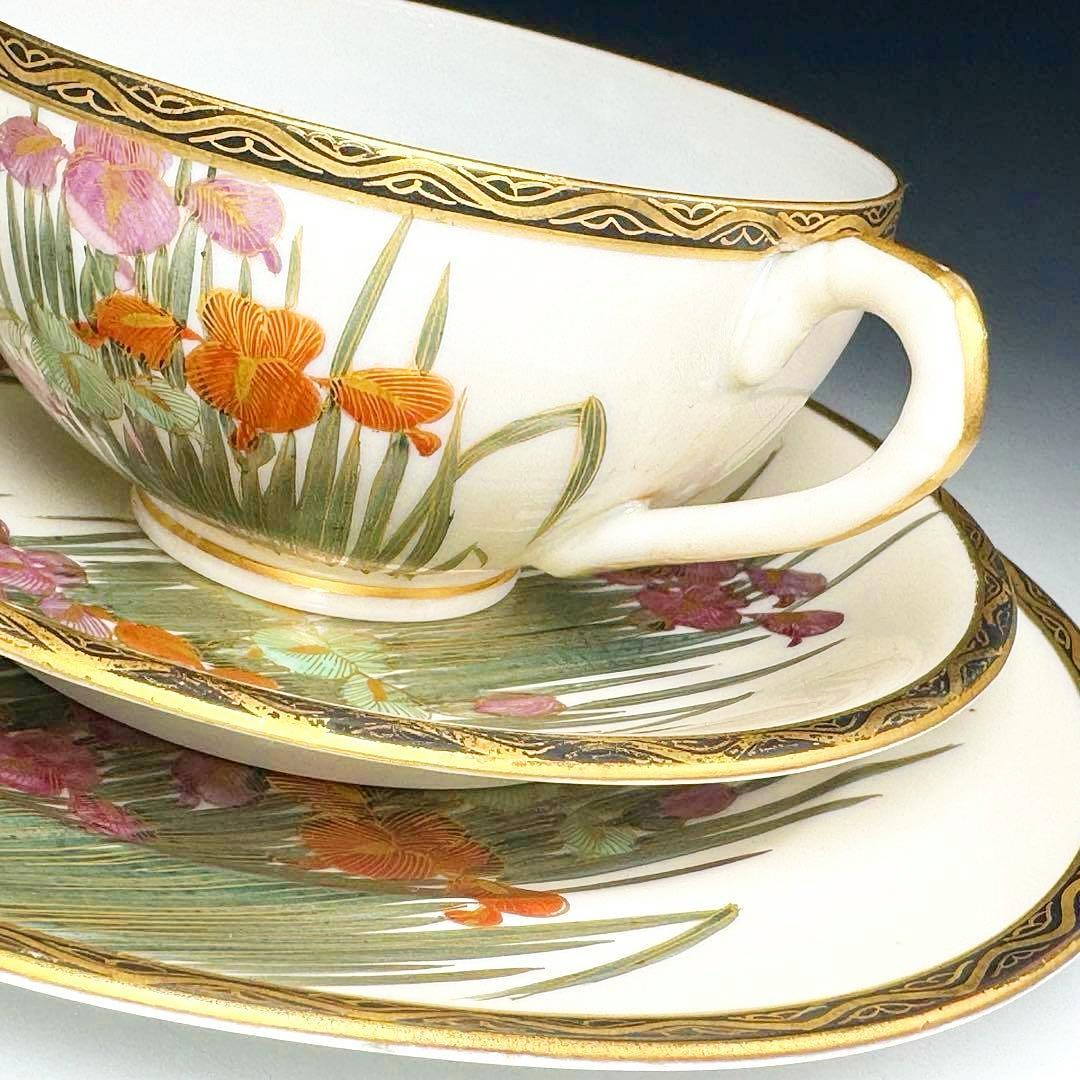 極美品■オールドニッポン 薩摩 エッグシェル 金彩 菖蒲図紋 キャビネットトリオ