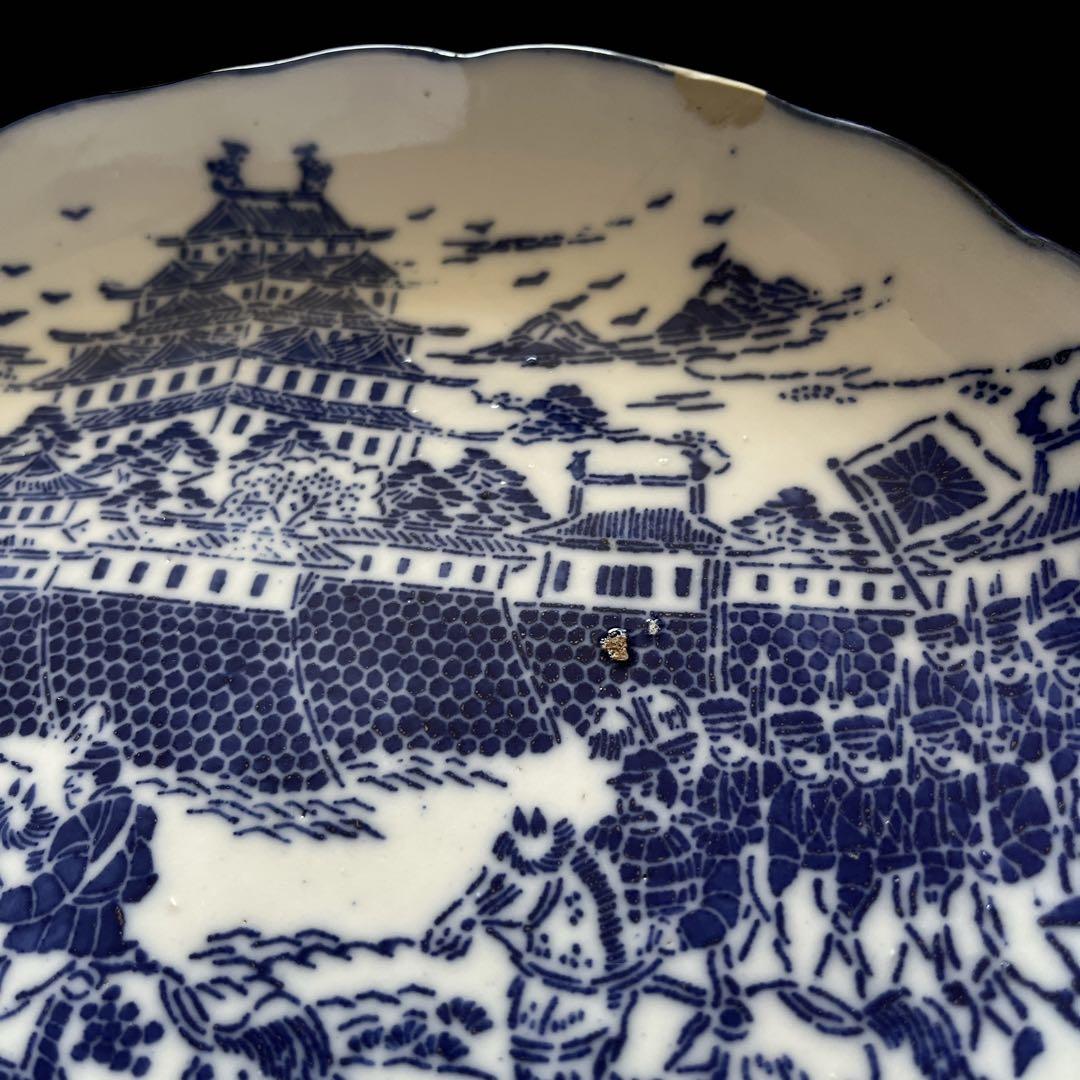 伊万里 中皿 アンティーク 明治前期 熊本城入場図 染付け 皿 骨董品