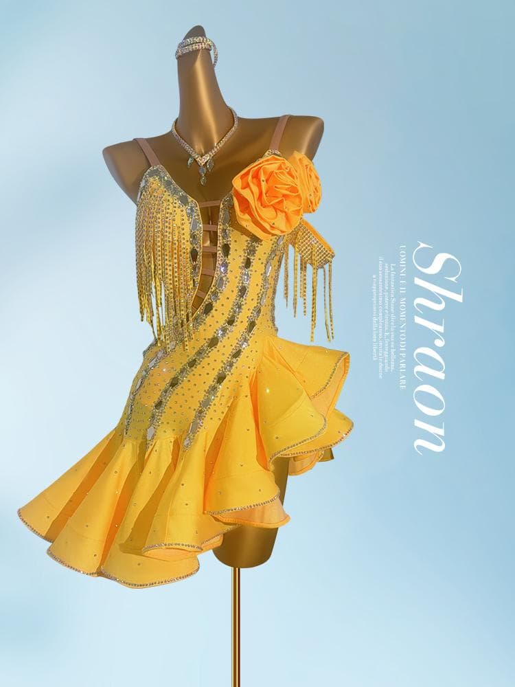 ラテンドレス 高級競技用 ワンショルダー フリル ワンピース ステージ衣 競技会