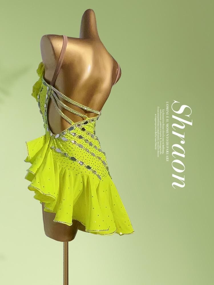 ラテンドレス 高級競技用 ワンショルダー フリル ワンピース ステージ衣 競技会