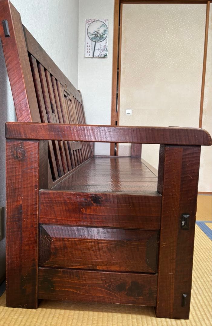 矢澤金太郎　無垢材の格子の長椅子　アンティーク