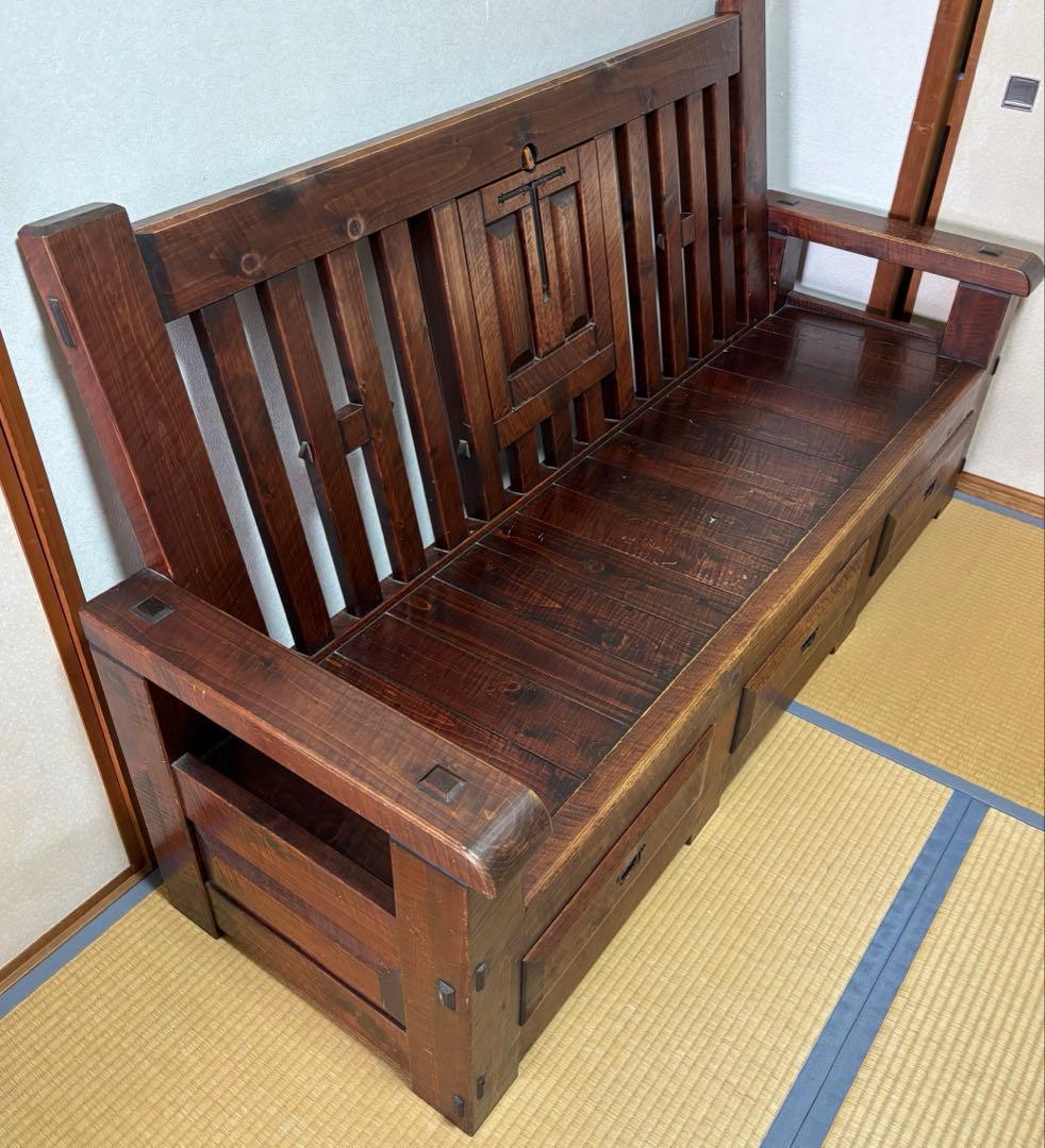 矢澤金太郎　無垢材の格子の長椅子　アンティーク