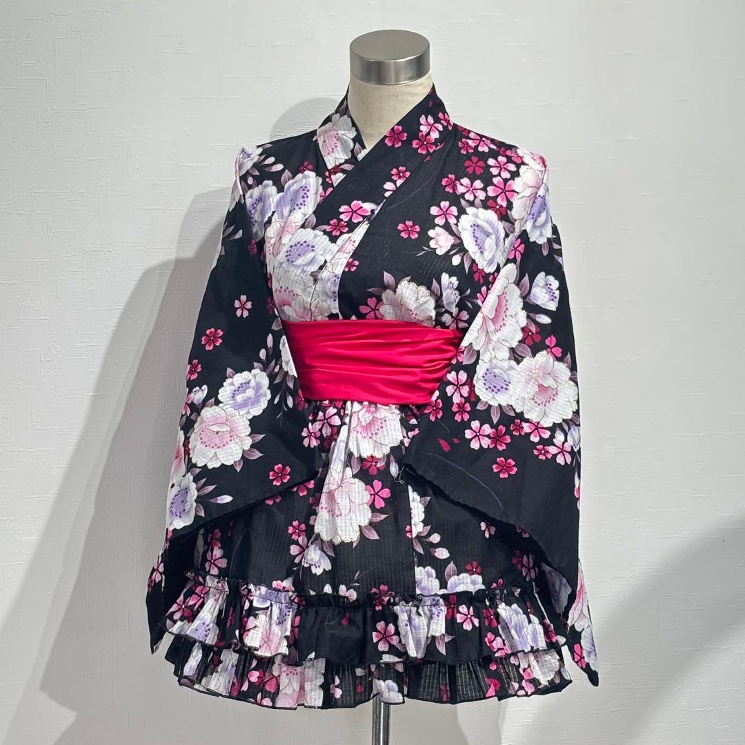 浴衣ドレス 黒ピンク 兵児帯セット 地雷ギャル 平成ギャル