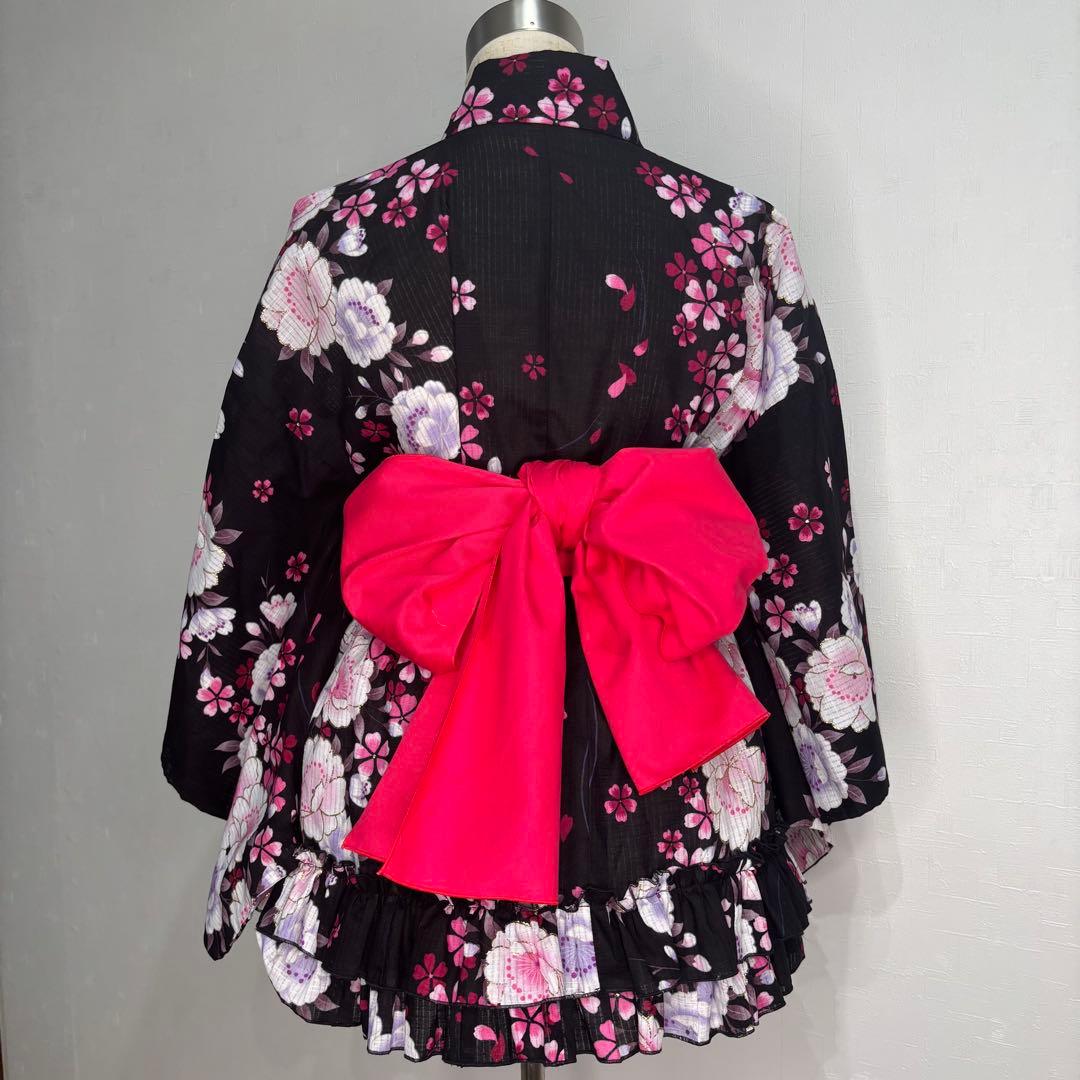 浴衣ドレス 黒ピンク 兵児帯セット 地雷ギャル 平成ギャル