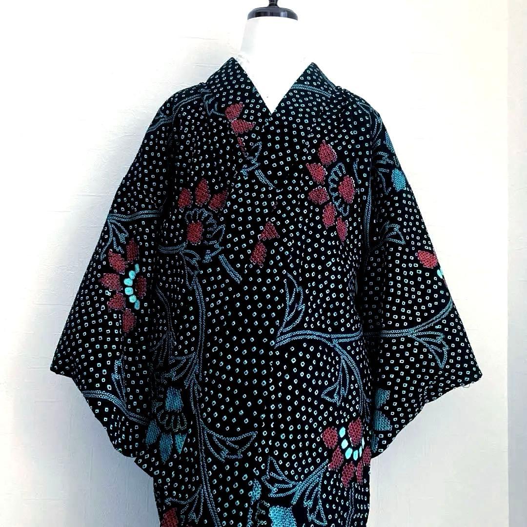 有松絞り　浴衣　手縫い上質浴衣　美品　黒・ターコイズNo.2-130