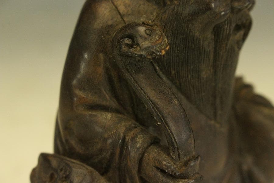 中国美術 竹根 刻 如意手 寿老人 置物 高15.8cm(A270)