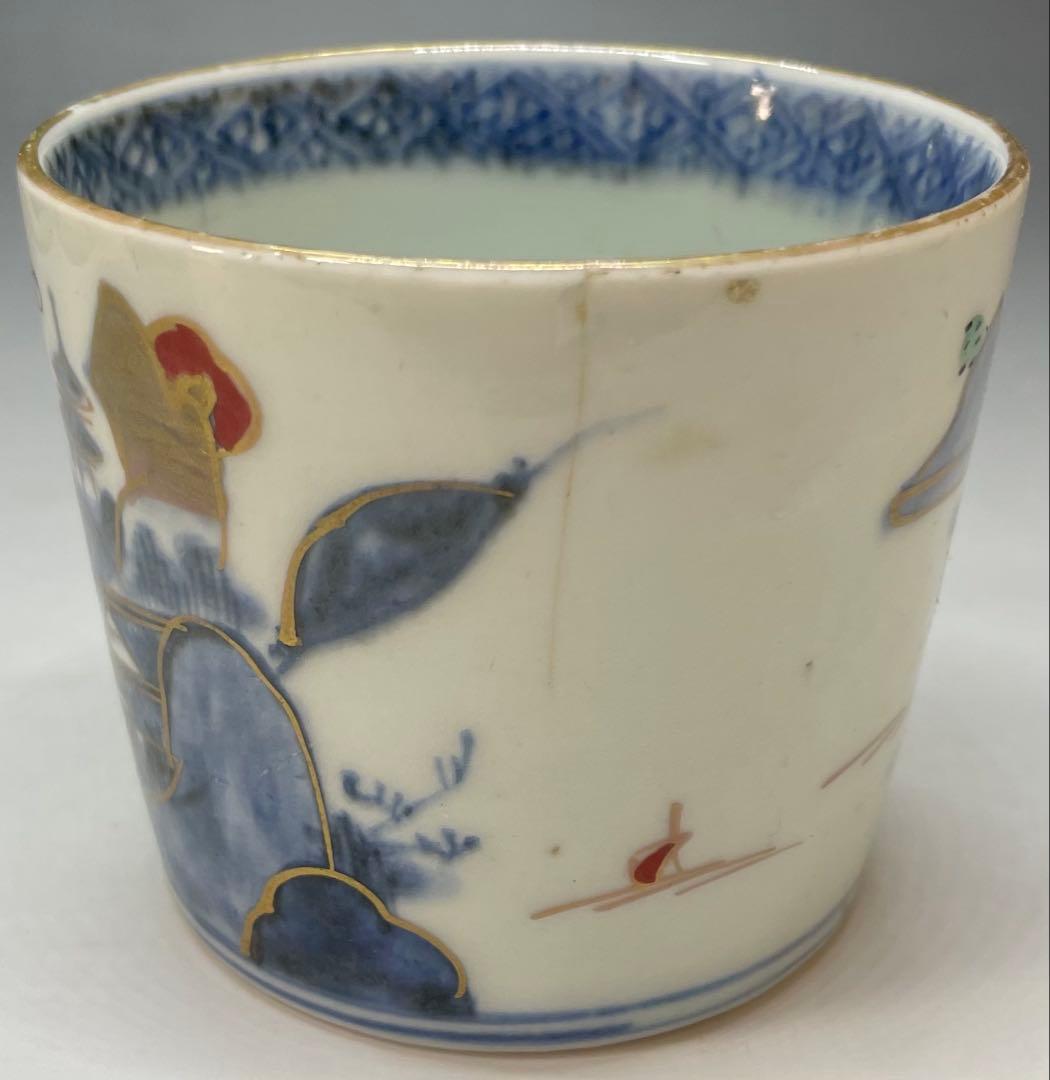 蕎麦猪口　楼閣山水図　古伊万里　切込　染錦　5客　C0095