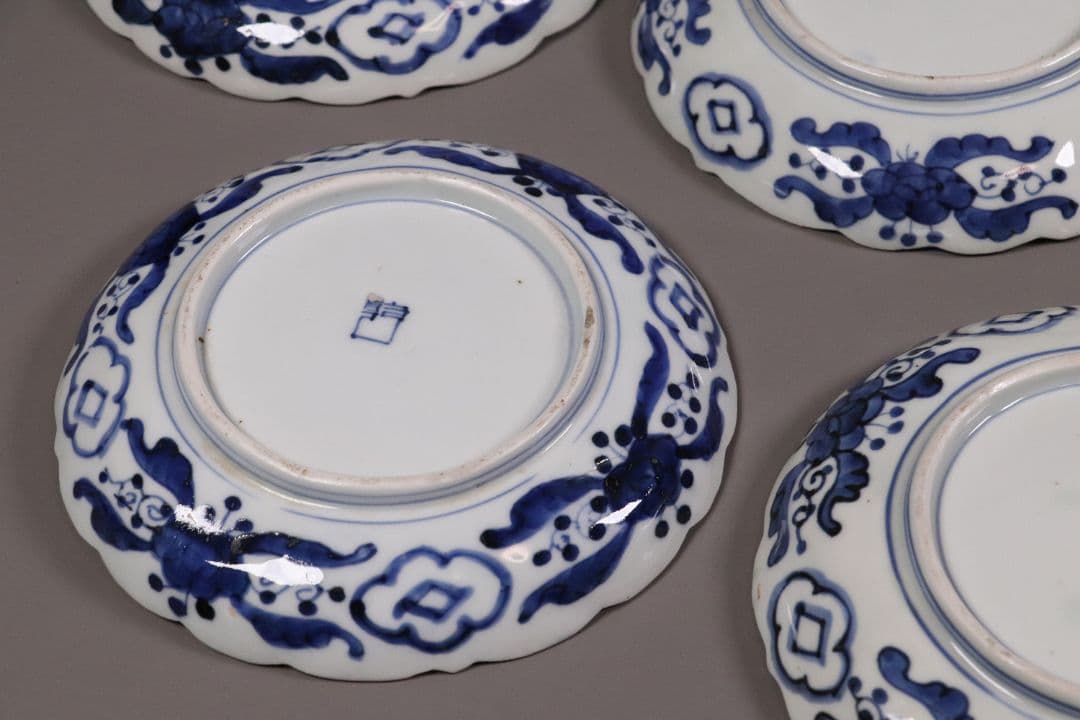 江戸 古伊万里 染付なます皿 十客 18cm 菊花浮文 鹿の子 中皿 MA167