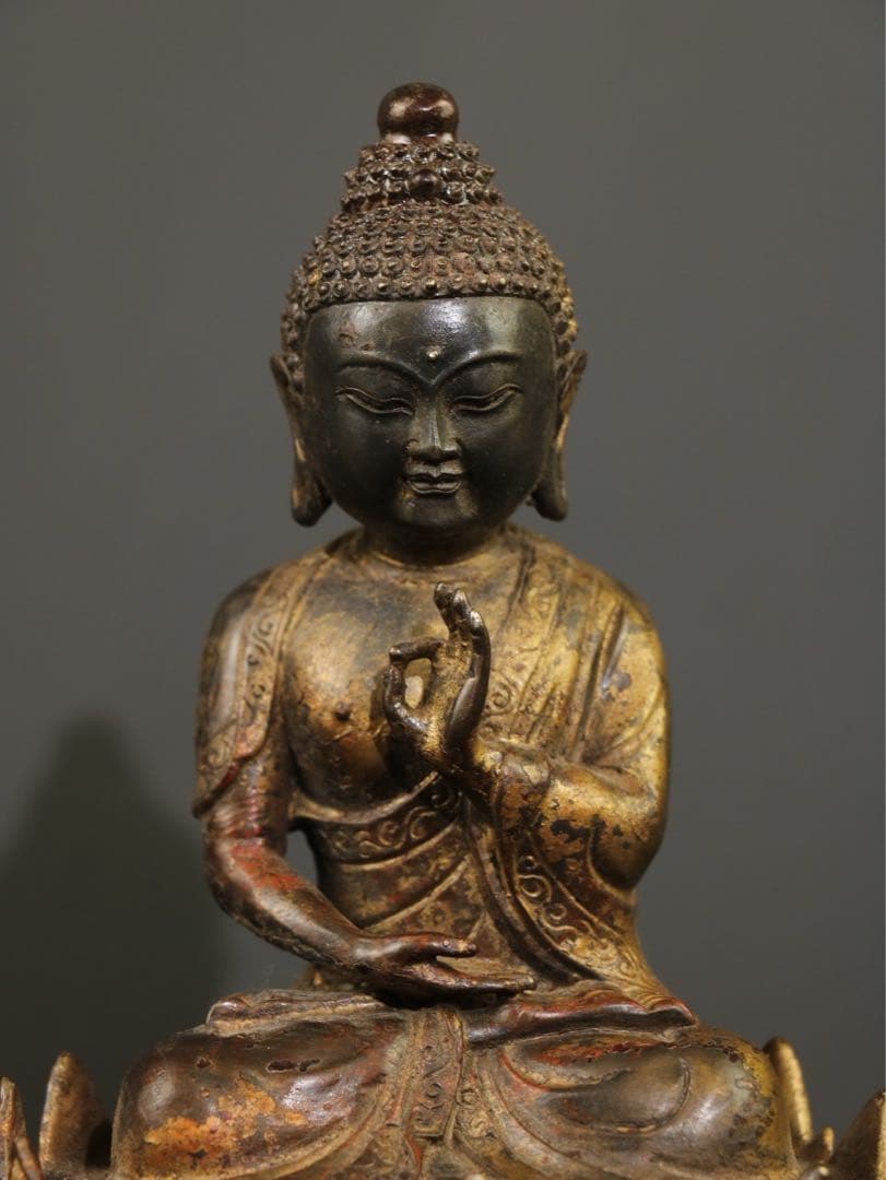 珍蔵　純銅泥金朱砂　仏像【釈迦牟尼仏】　インテリア　骨董品　アンティーク　置物