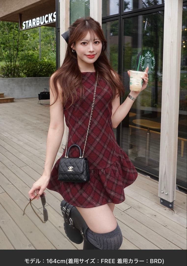 ノースリーブミニワンピース バーガンディチェック