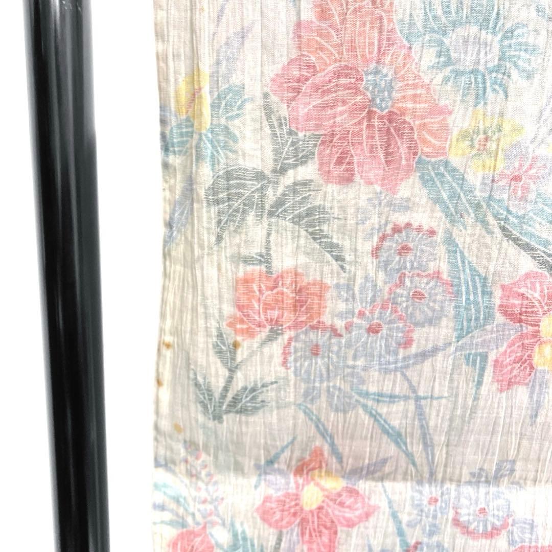 小紋　小千谷ちぢみ　麻　花模様　菊　牡丹　オフホワイト　着物　074a d