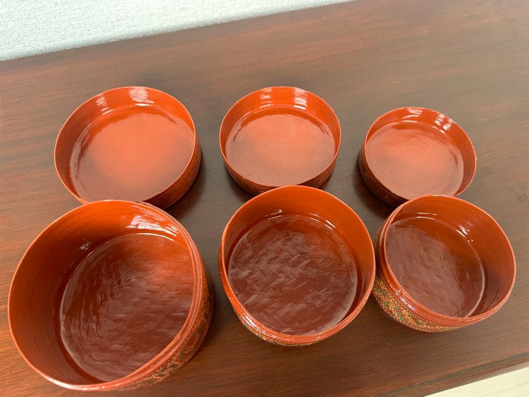 ミャンマー アンティーク 漆器 蒟醤 ビルマ 細密画 3段入れ子容器 ※31※