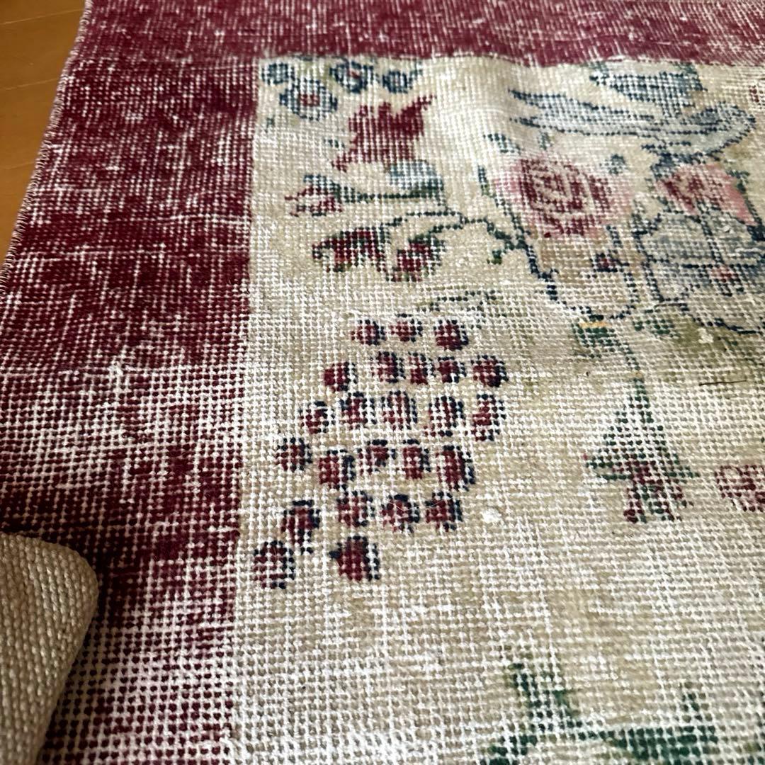 111×207 擦れシャビー　幸せな青い鳥　トルコヴィンテージラグ