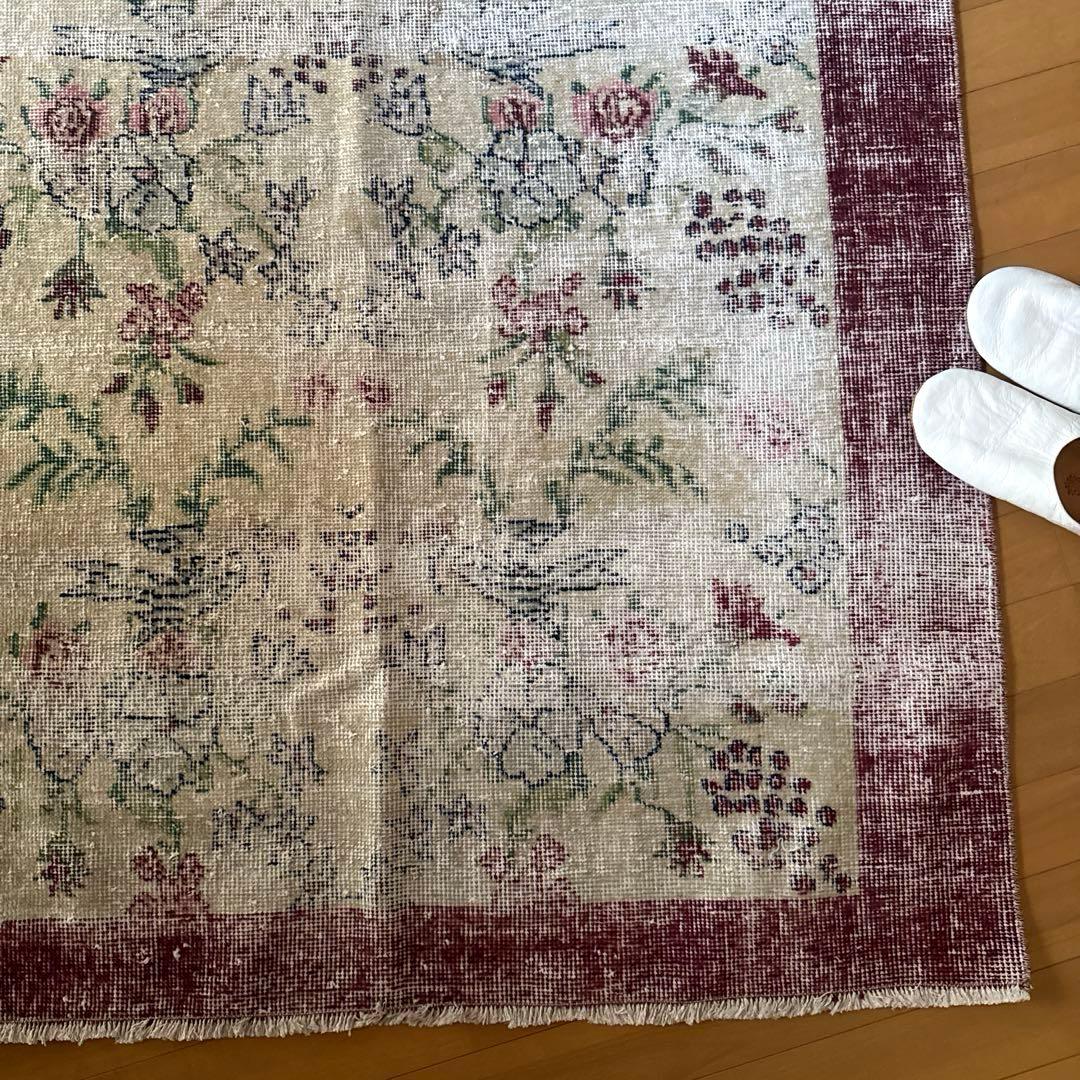 111×207 擦れシャビー　幸せな青い鳥　トルコヴィンテージラグ