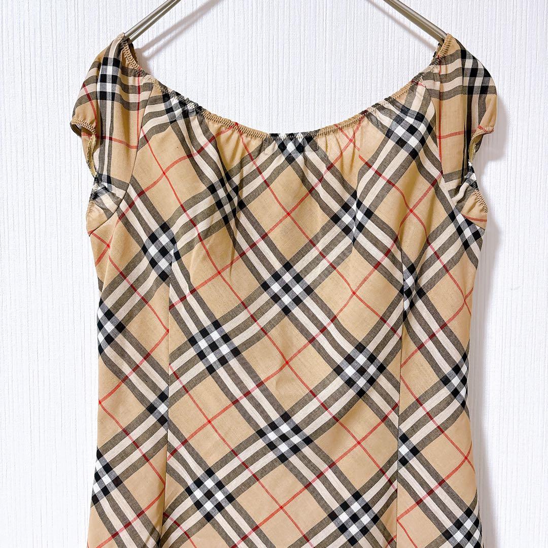 【美品】バーバリーブルーレーベル　ノバチェック　ワンピース　リボン　半袖　ウール