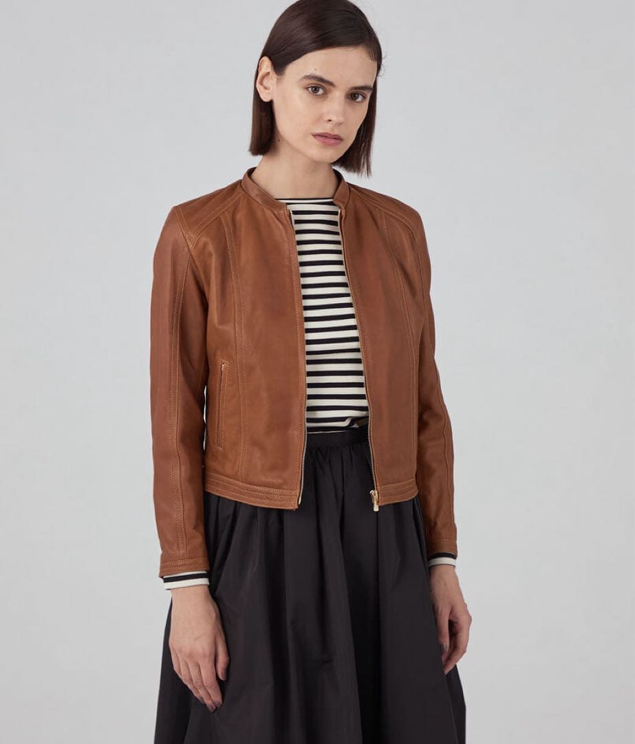 美品 トゥモローランド ラムレザー ジップアップブルゾン ジャケット ノーカラー