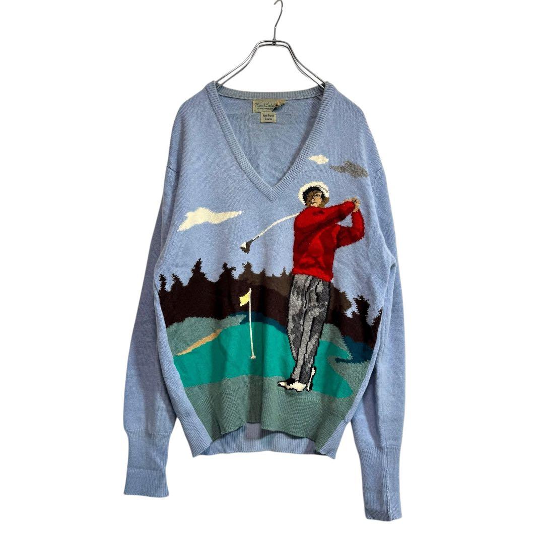 L相当 スコットランド製 ピュアカシミヤ100% ゴルフ柄 インターシャニット