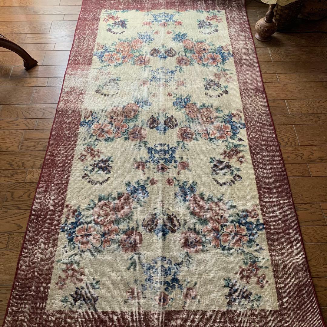 バーガンディ　トルコヴィンテージラグ　210×109 ボタニカル　 オーバーダイ