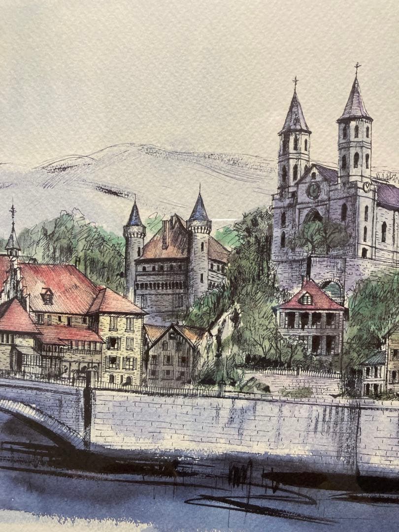 絵画　リトグラフ大　教会のある街　ジェームス・フォード　新品額装　箱付