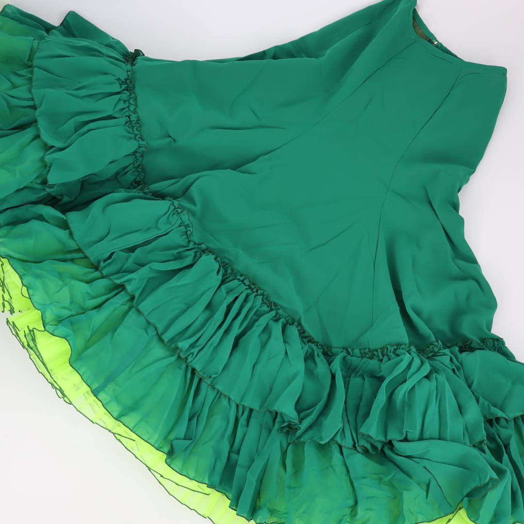 【美品 フラメンコ衣装】グリーン×イエロー×豪華フリル ブラウス ファルダ