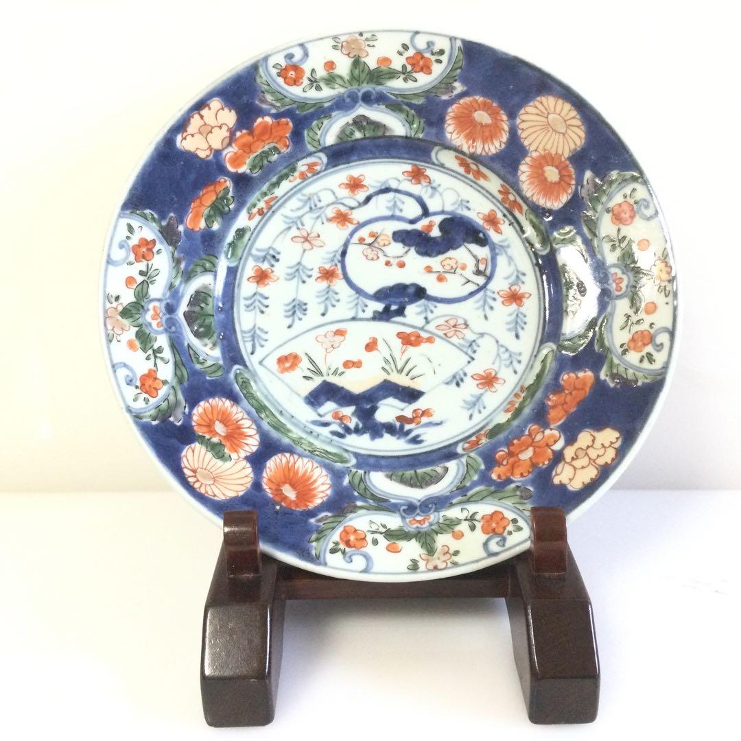 古伊万里焼 錦絵皿 時代物 江戸期 皿立て付 飾り皿 骨董 M