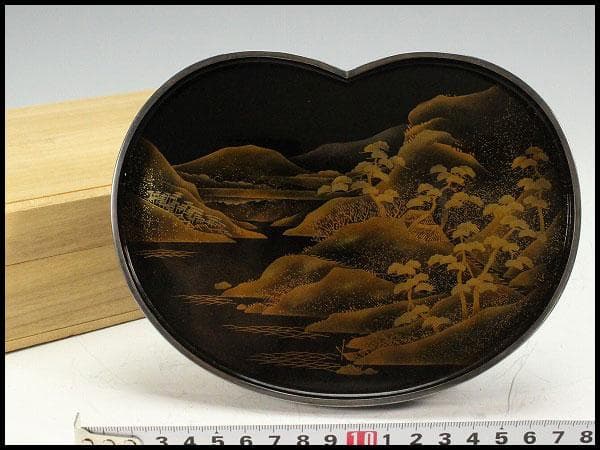 古美術 山水平蒔絵 銀縁 小盆(K-BB506)