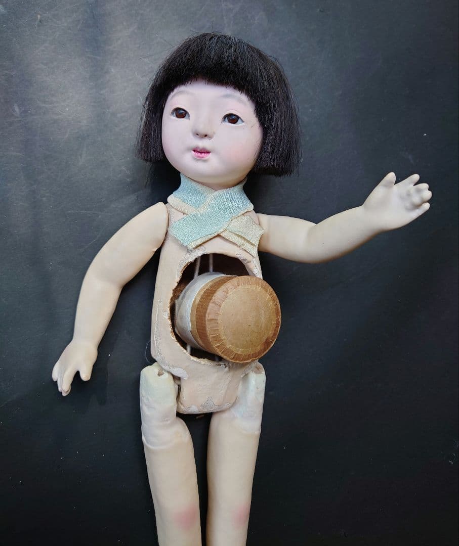 樫村瑞観　自由人形　市松人形　32cmくらい　着物+被布+お帽子