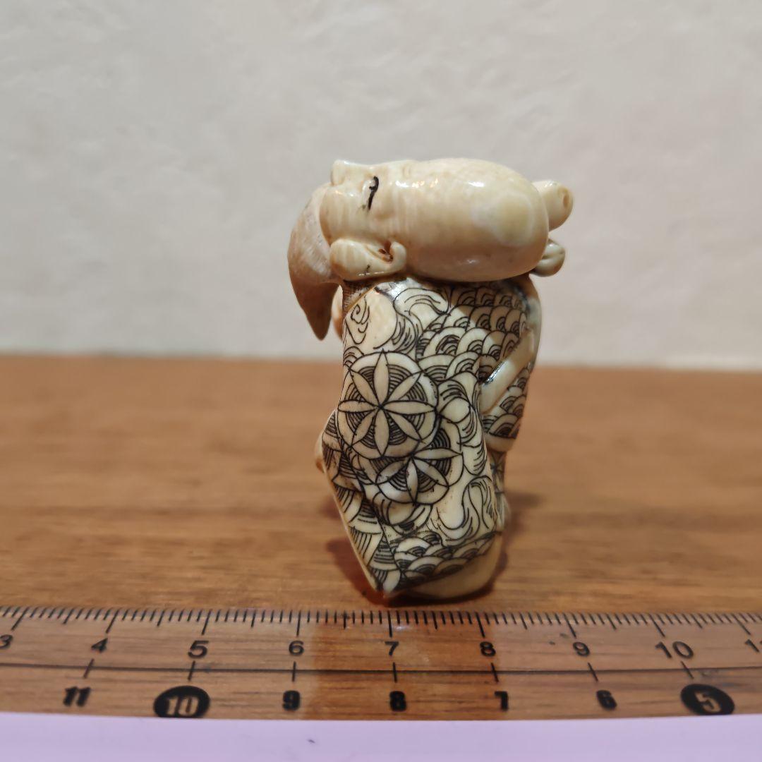 時代提物 七福神置根付 天然素材 在銘【福禄寿】高さ約5cm 重さ約37ｇ