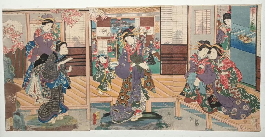浮世絵版画、當世美人花之賑三枚綴り国輝舎国彦画（歌川国彦)安政2年出版