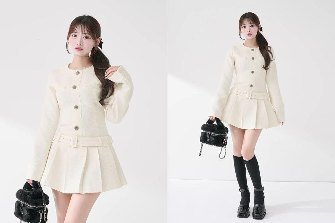 ダーリッチ darich ボックスプリーツツイードミニワンピース WHT FL