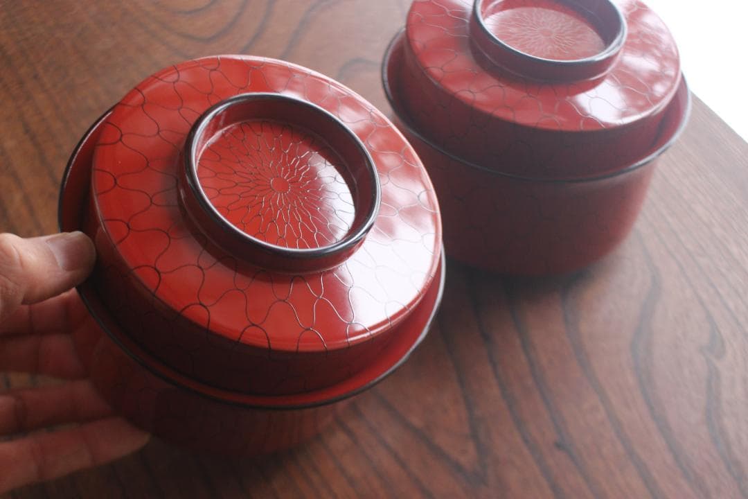 デッドストック！上質朱漆に風情ある網目文の映える筒形大椀2点（検京塗煮物椀