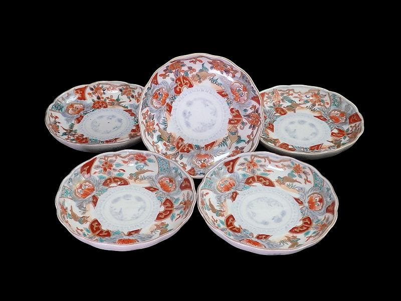 古伊万里　色絵　窓絵 獅子に花の図　４寸皿　５枚　C205AS-CVw