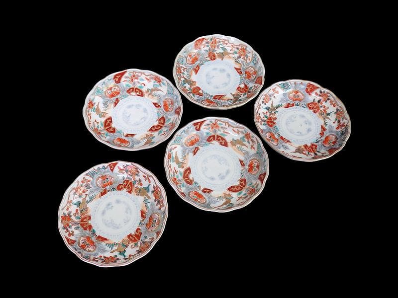 古伊万里　色絵　窓絵 獅子に花の図　４寸皿　５枚　C205AS-CVw