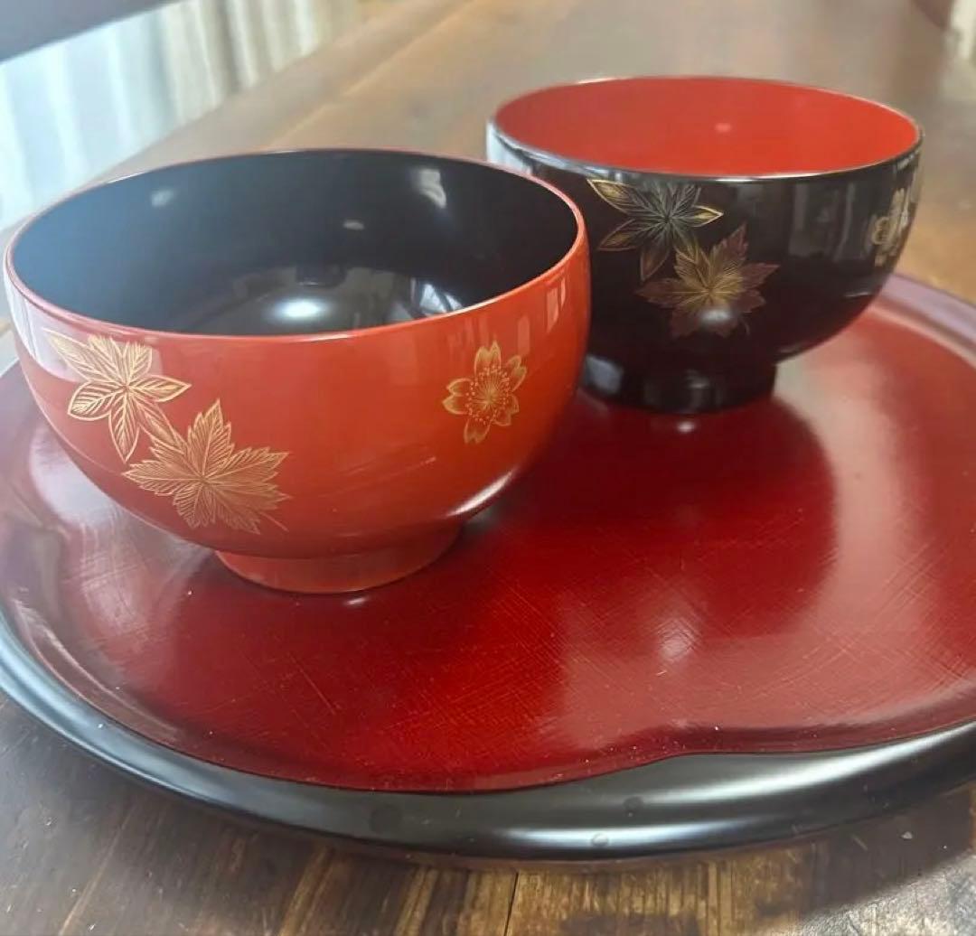 輪島塗　沈金　蒔絵金彩　高級夫婦椀　黒内朱　朱内黒　紅葉　桜