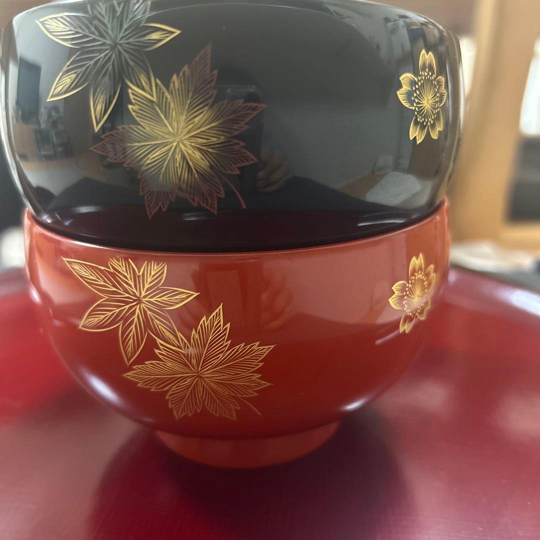 輪島塗　沈金　蒔絵金彩　高級夫婦椀　黒内朱　朱内黒　紅葉　桜