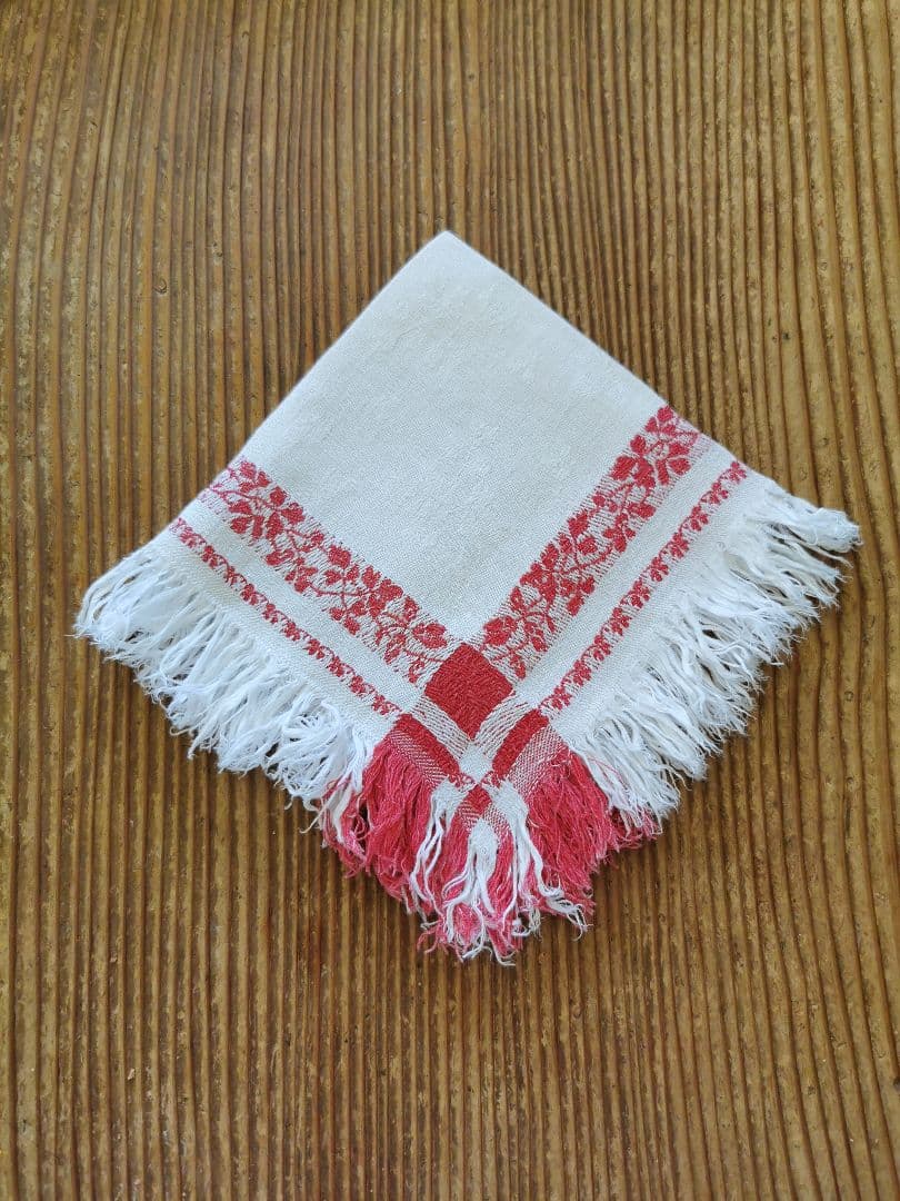 アンティーク フランス ダマスク織レッドリネンクロス 三つ葉のリーフモチーフ