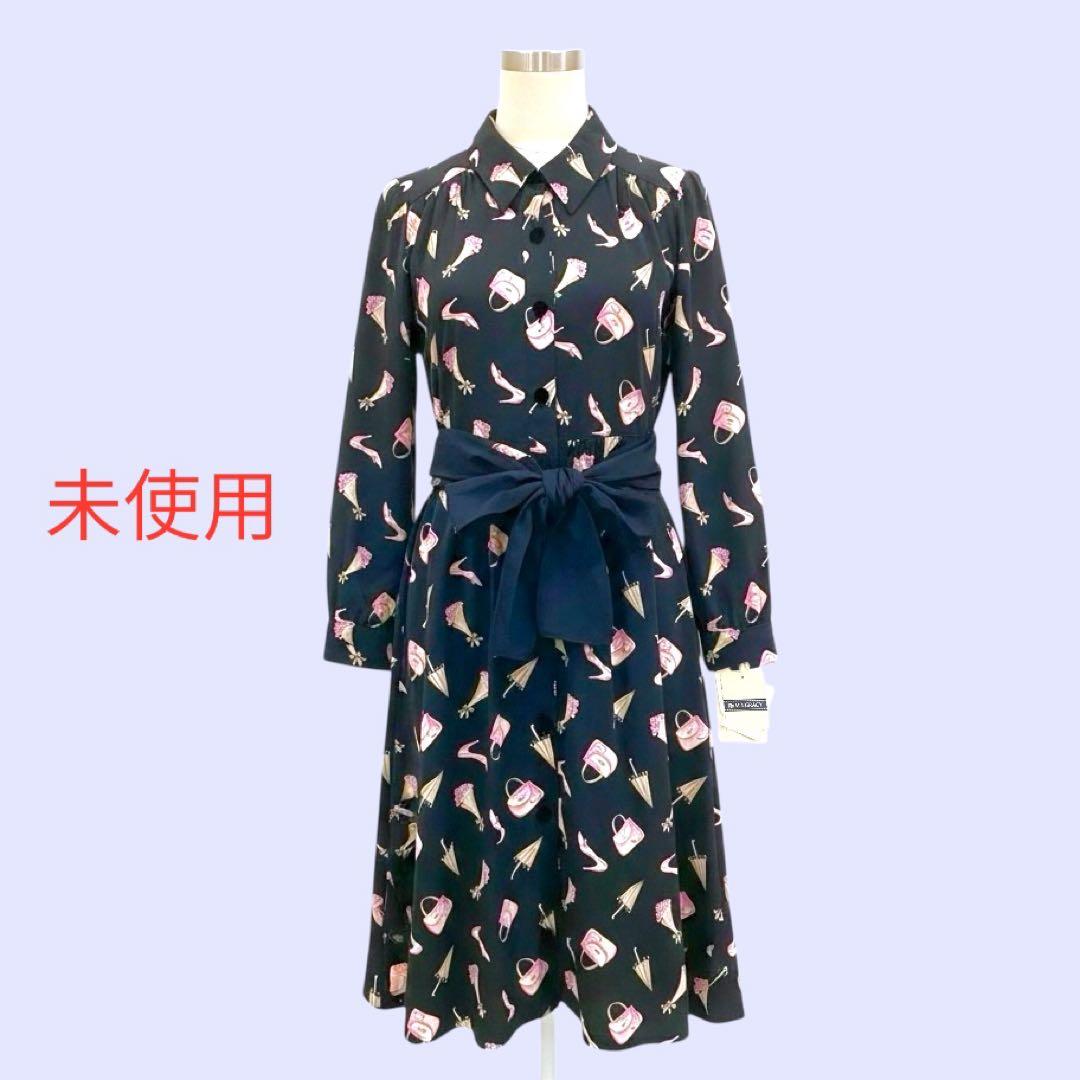 未使用 エムズグレイシー 40 総柄モチーフ シャツワンピース ブラック ベルト