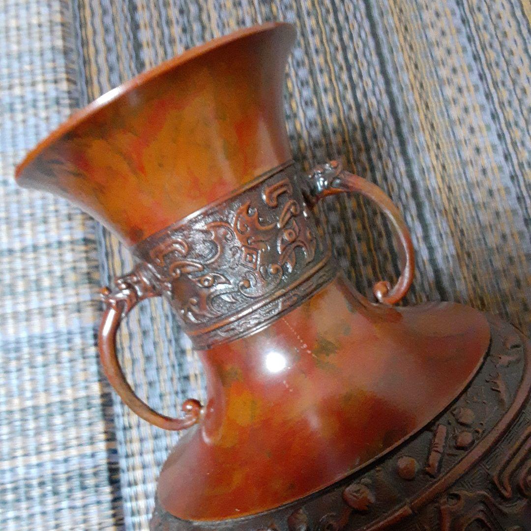 古い耳付高岡天龍銅器花瓶/茶華道活花飾/伝統工芸鋳物饕餮文様/吉祥赤銅龍泉堂在銘