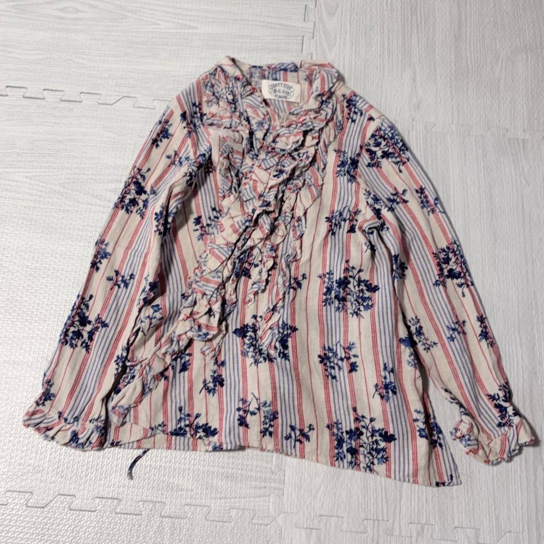 45R ラッフルフリル コットンブラウス 長袖シャツ ボタニカル 花柄