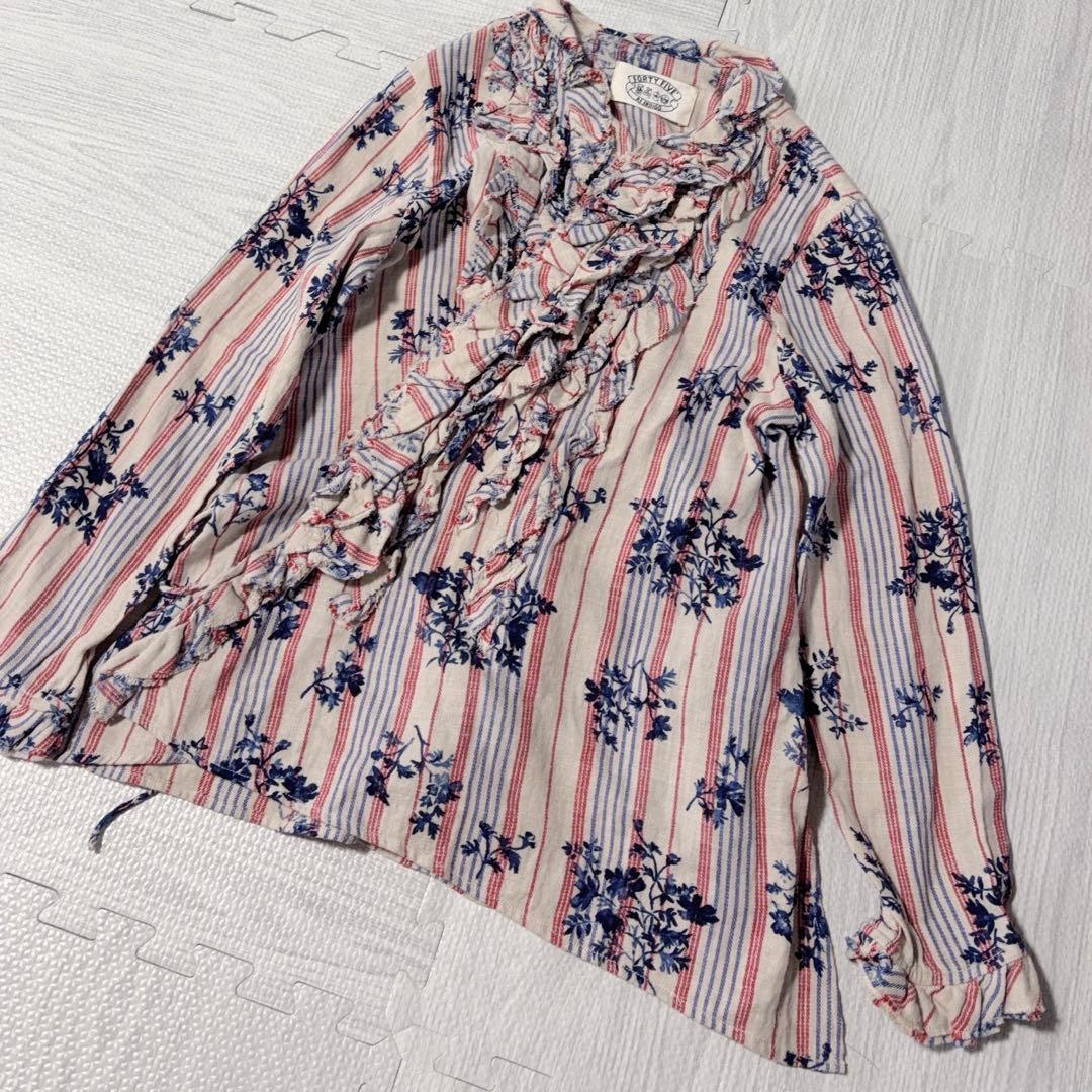 45R ラッフルフリル コットンブラウス 長袖シャツ ボタニカル 花柄