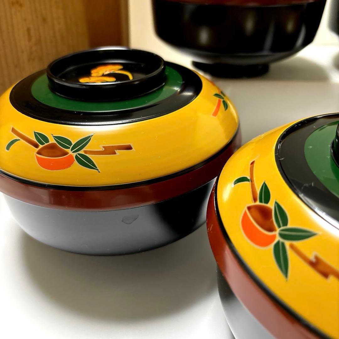 木製漆器　山人艸果蒔絵　煮物椀　山中塗　蓋付煮物椀五客揃い　アンティーク高級漆器