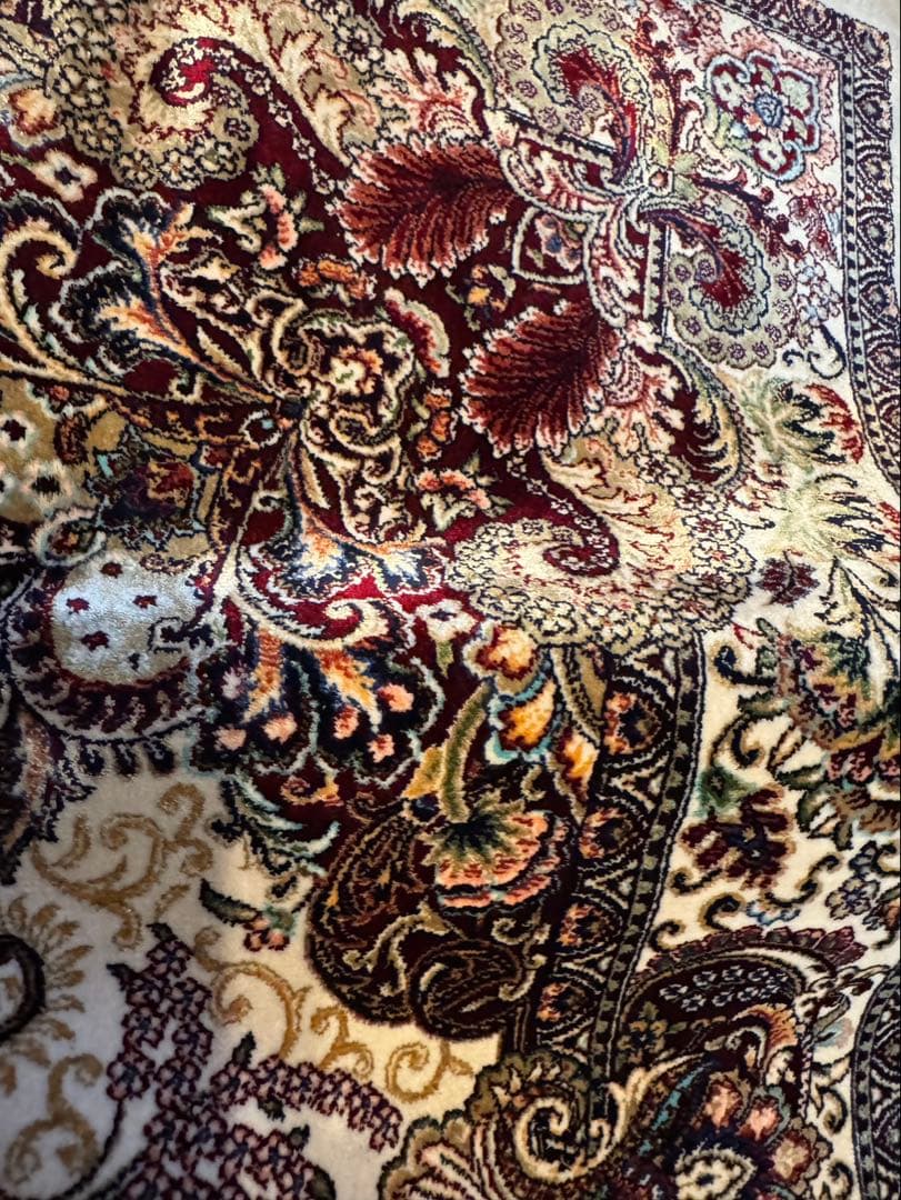 イラン製 ペルシャ絨毯 カシャーン 優雅な艶　高密度 クリーム×バーガンディ