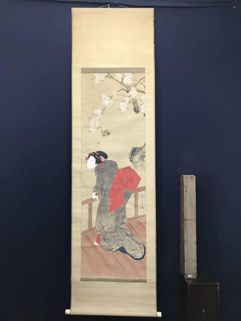 【真作】戴山/桜下美人図/美人画/浮世絵/掛軸/名家伝来/AC-144