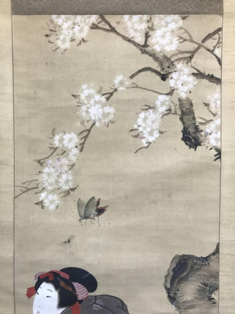 【真作】戴山/桜下美人図/美人画/浮世絵/掛軸/名家伝来/AC-144